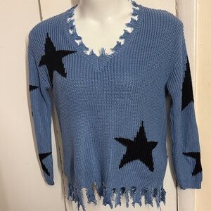 AZI Oversized Light Blue Sweater with Fringe, Stars Size Small